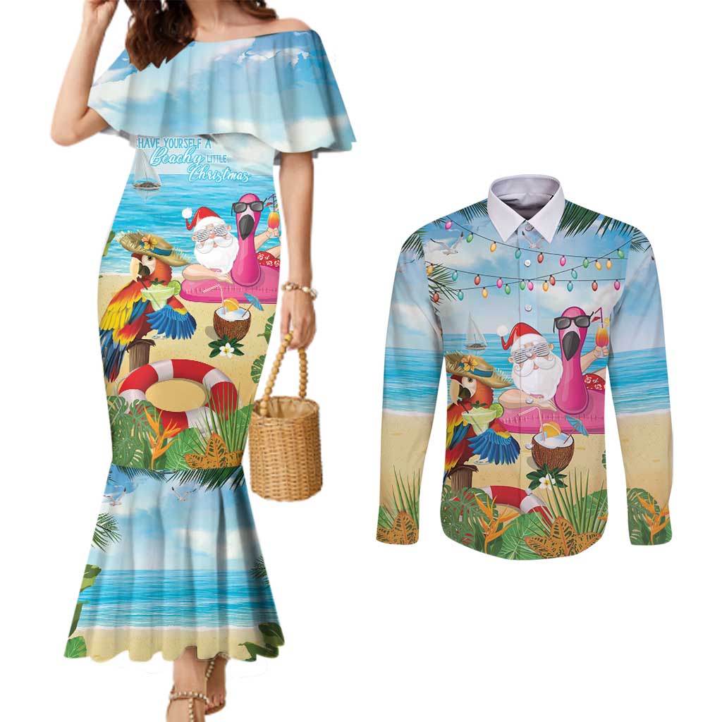 Have Yourself A Beachy Little Christmas Couples Matching Mermaid Dress and Long Sleeve Button Shirt with Santa Chilling LT7 Colorful - Polynesian Pride