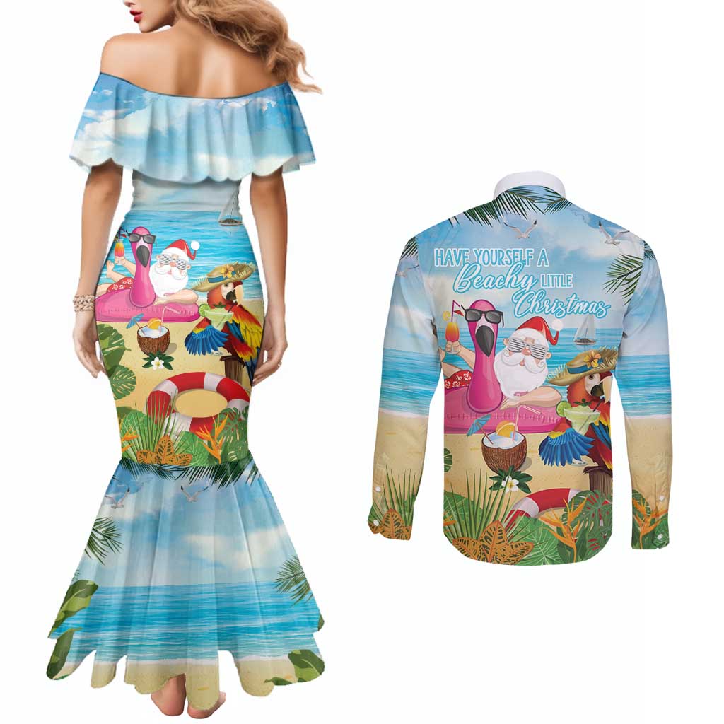 Have Yourself A Beachy Little Christmas Couples Matching Mermaid Dress and Long Sleeve Button Shirt with Santa Chilling LT7 - Polynesian Pride