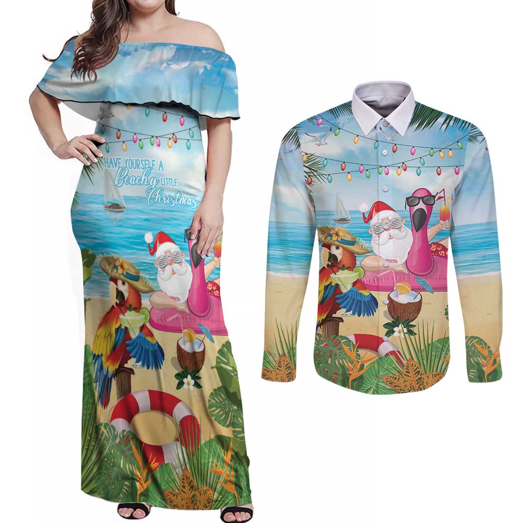 Have Yourself A Beachy Little Christmas Couples Matching Off Shoulder Maxi Dress and Long Sleeve Button Shirt with Santa Chilling LT7 Colorful - Polynesian Pride