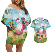 Have Yourself A Beachy Little Christmas Couples Matching Off Shoulder Short Dress and Hawaiian Shirt with Santa Chilling LT7 Colorful - Polynesian Pride