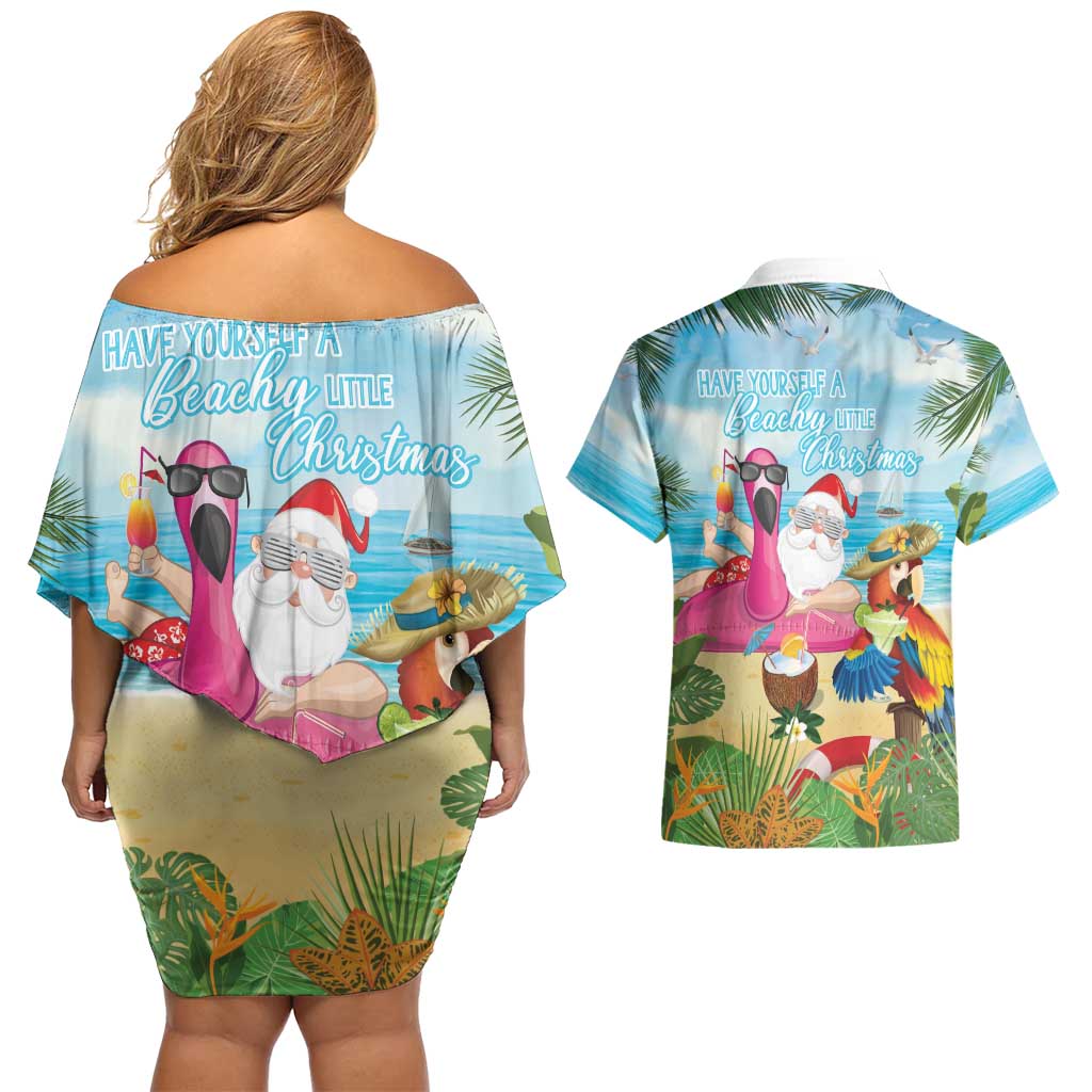Have Yourself A Beachy Little Christmas Couples Matching Off Shoulder Short Dress and Hawaiian Shirt with Santa Chilling LT7 - Polynesian Pride