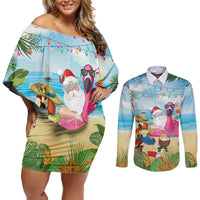 Have Yourself A Beachy Little Christmas Couples Matching Off Shoulder Short Dress and Long Sleeve Button Shirt with Santa Chilling LT7 Colorful - Polynesian Pride