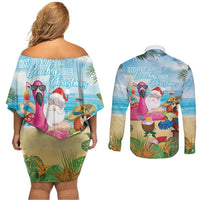 Have Yourself A Beachy Little Christmas Couples Matching Off Shoulder Short Dress and Long Sleeve Button Shirt with Santa Chilling LT7 - Polynesian Pride
