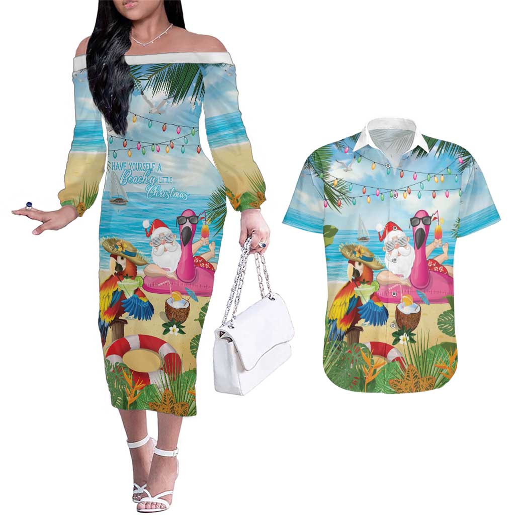 Have Yourself A Beachy Little Christmas Couples Matching Off The Shoulder Long Sleeve Dress and Hawaiian Shirt with Santa Chilling LT7 Colorful - Polynesian Pride