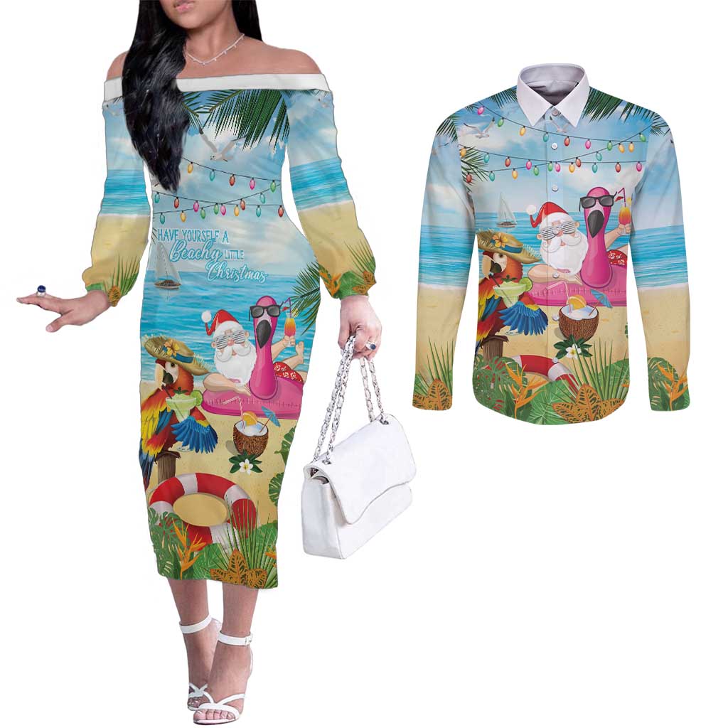 Have Yourself A Beachy Little Christmas Couples Matching Off The Shoulder Long Sleeve Dress and Long Sleeve Button Shirt with Santa Chilling LT7 Colorful - Polynesian Pride