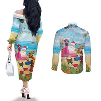 Have Yourself A Beachy Little Christmas Couples Matching Off The Shoulder Long Sleeve Dress and Long Sleeve Button Shirt with Santa Chilling LT7 - Polynesian Pride
