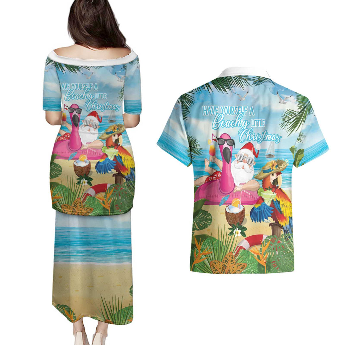 Have Yourself A Beachy Little Christmas Couples Matching Puletasi and Hawaiian Shirt with Santa Chilling LT7 - Polynesian Pride
