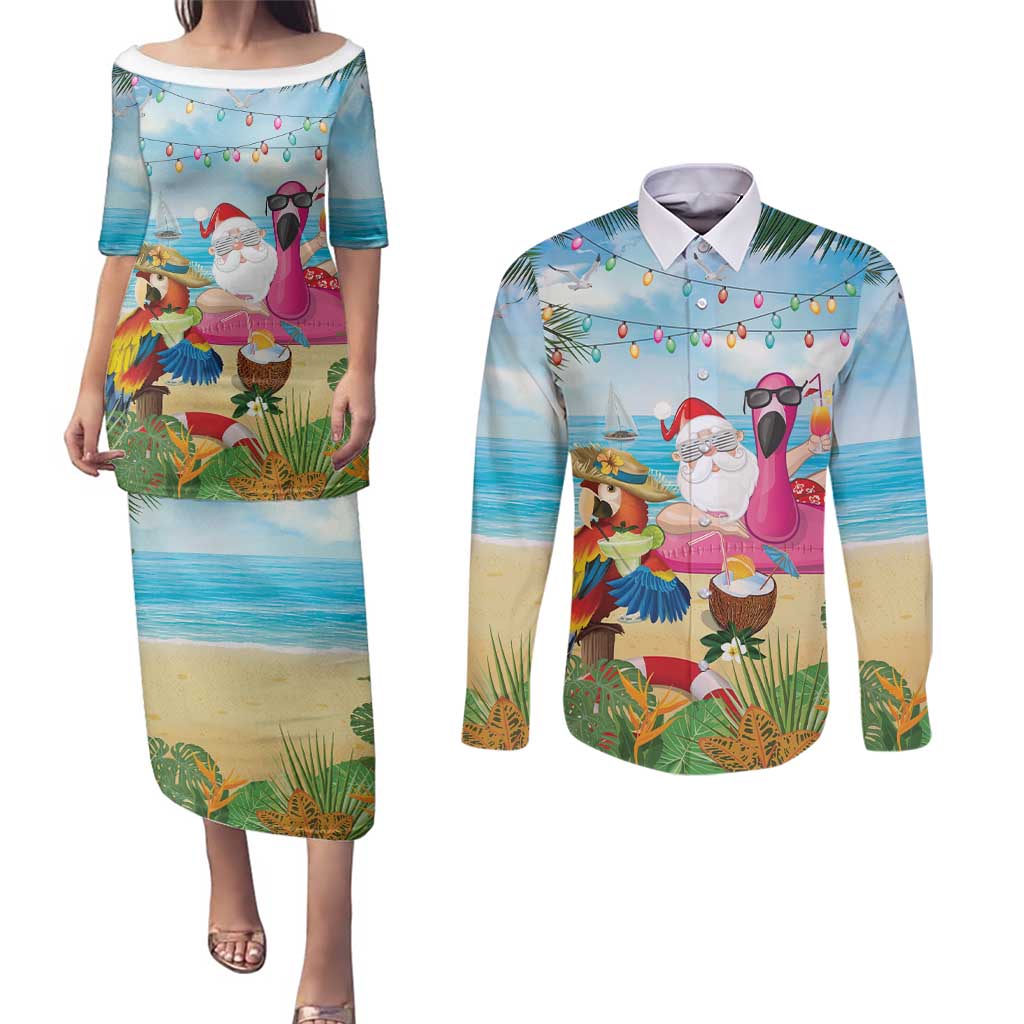 Have Yourself A Beachy Little Christmas Couples Matching Puletasi and Long Sleeve Button Shirt with Santa Chilling LT7 Colorful - Polynesian Pride