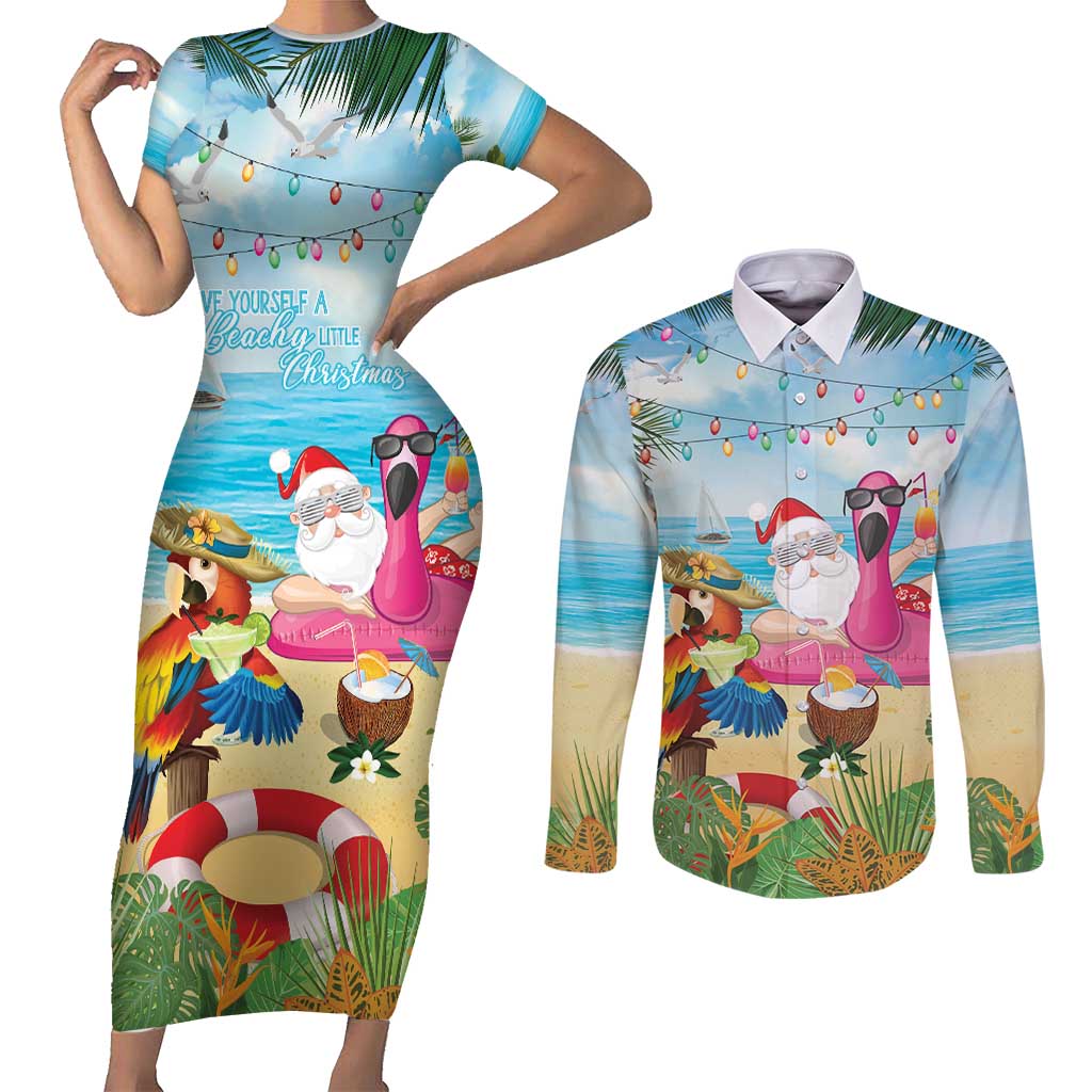 Have Yourself A Beachy Little Christmas Couples Matching Short Sleeve Bodycon Dress and Long Sleeve Button Shirt with Santa Chilling LT7 Colorful - Polynesian Pride