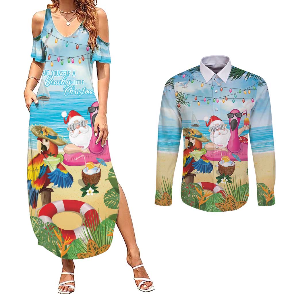 Have Yourself A Beachy Little Christmas Couples Matching Summer Maxi Dress and Long Sleeve Button Shirt with Santa Chilling LT7 Colorful - Polynesian Pride