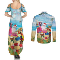 Have Yourself A Beachy Little Christmas Couples Matching Summer Maxi Dress and Long Sleeve Button Shirt with Santa Chilling LT7 - Polynesian Pride
