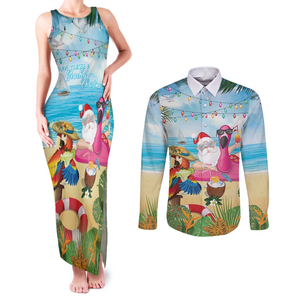 Have Yourself A Beachy Little Christmas Couples Matching Tank Maxi Dress and Long Sleeve Button Shirt with Santa Chilling LT7 Colorful - Polynesian Pride