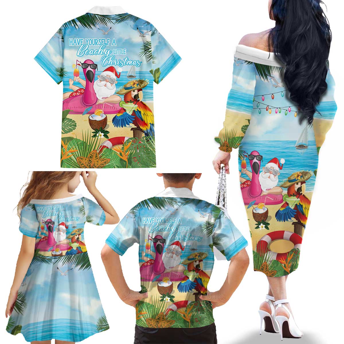 Have Yourself A Beachy Little Christmas Family Matching Off The Shoulder Long Sleeve Dress and Hawaiian Shirt with Santa Chilling LT7 - Polynesian Pride