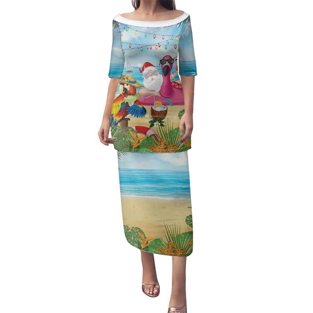 Have Yourself A Beachy Little Christmas Family Matching Puletasi and Hawaiian Shirt with Santa Chilling LT7 Mom's Dress Colorful - Polynesian Pride