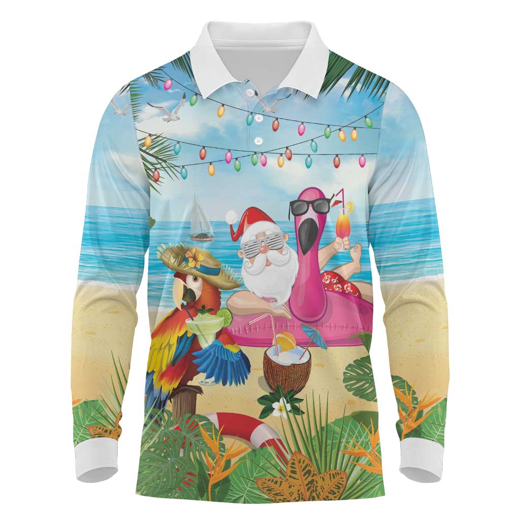 Have Yourself A Beachy Little Christmas Long Sleeve Polo Shirt with Santa Chilling LT7 Colorful - Polynesian Pride