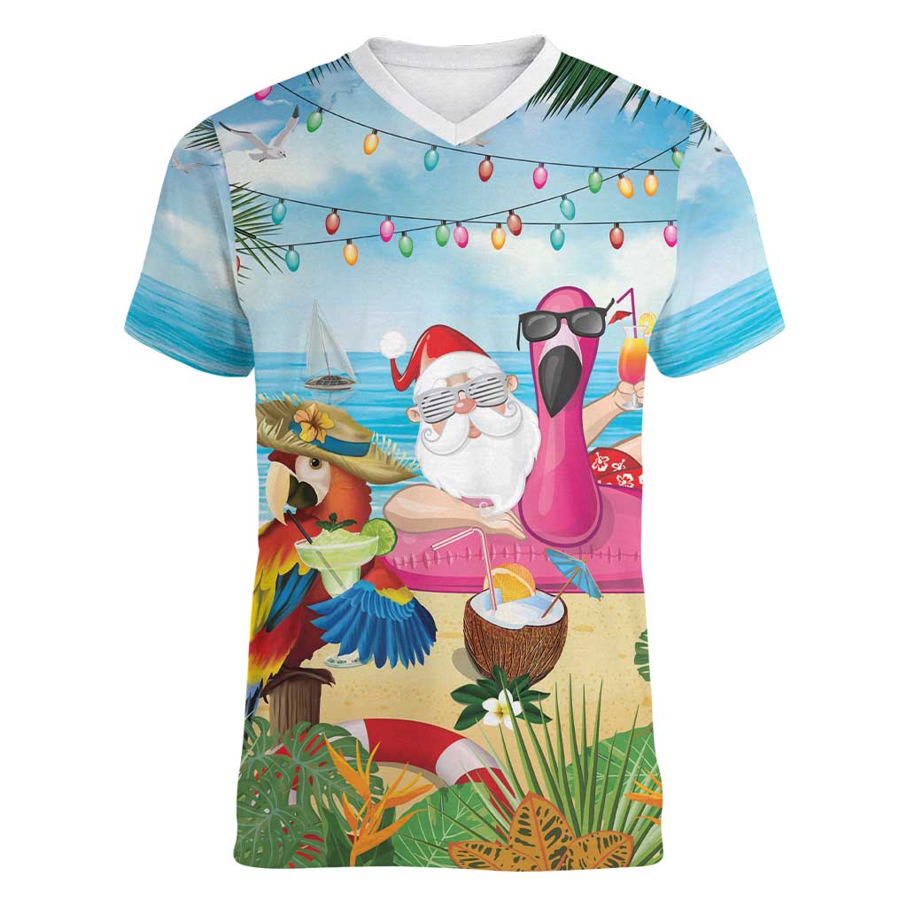 Have Yourself A Beachy Little Christmas Women V-Neck T-Shirt with Santa Chilling LT7 Female Colorful - Polynesian Pride