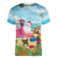 Have Yourself A Beachy Little Christmas Women V-Neck T-Shirt with Santa Chilling LT7 - Polynesian Pride