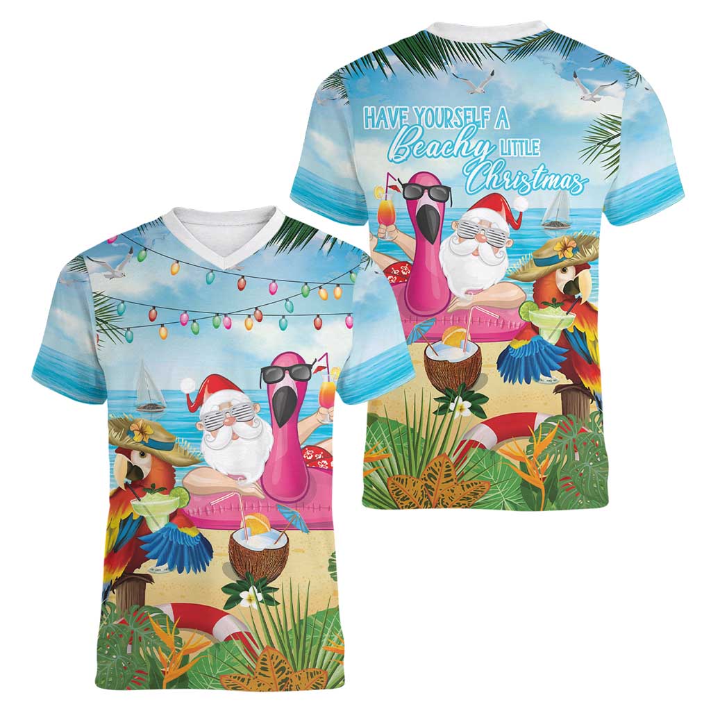 Have Yourself A Beachy Little Christmas Women V-Neck T-Shirt with Santa Chilling LT7 - Polynesian Pride
