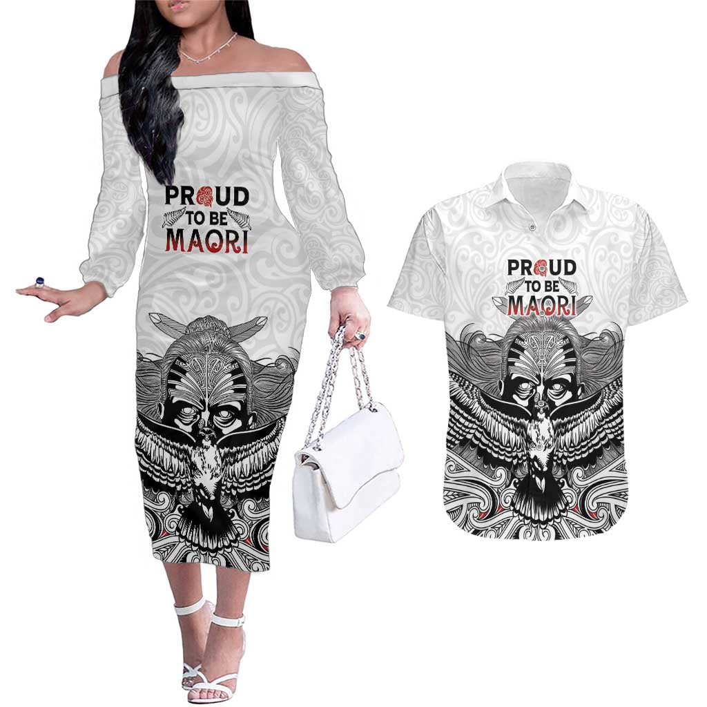 Aotearoa Personalized Couples Matching Off The Shoulder Long Sleeve Dress and Hawaiian Shirt Proud To Be Maori LT7 White - Polynesian Pride