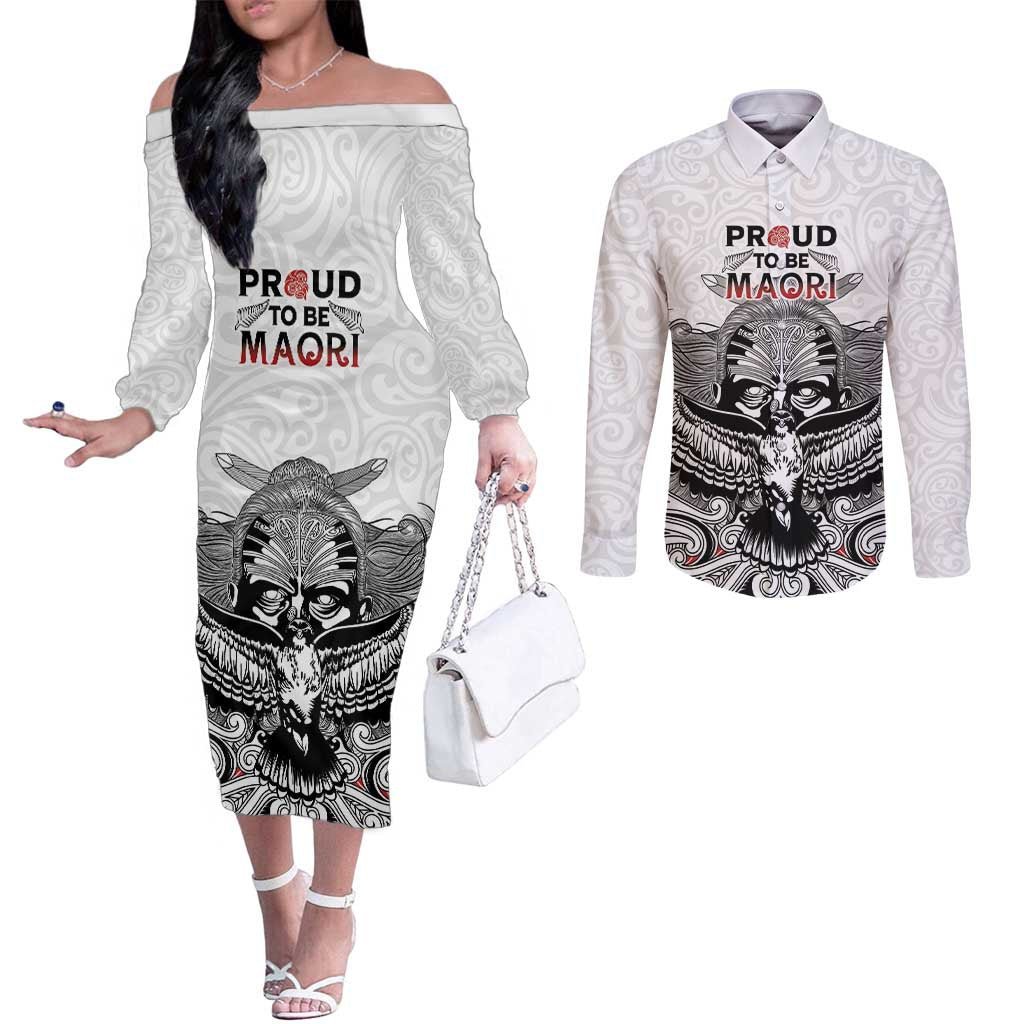 Aotearoa Personalized Couples Matching Off The Shoulder Long Sleeve Dress and Long Sleeve Button Shirt Proud To Be Maori LT7 White - Polynesian Pride