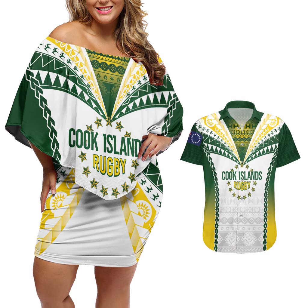 Cook Islands Rugby Custom Couples Matching Off Shoulder Short Dress and Hawaiian Shirt Kuki's Aitu Champions LT7 Colorful - Polynesian Pride