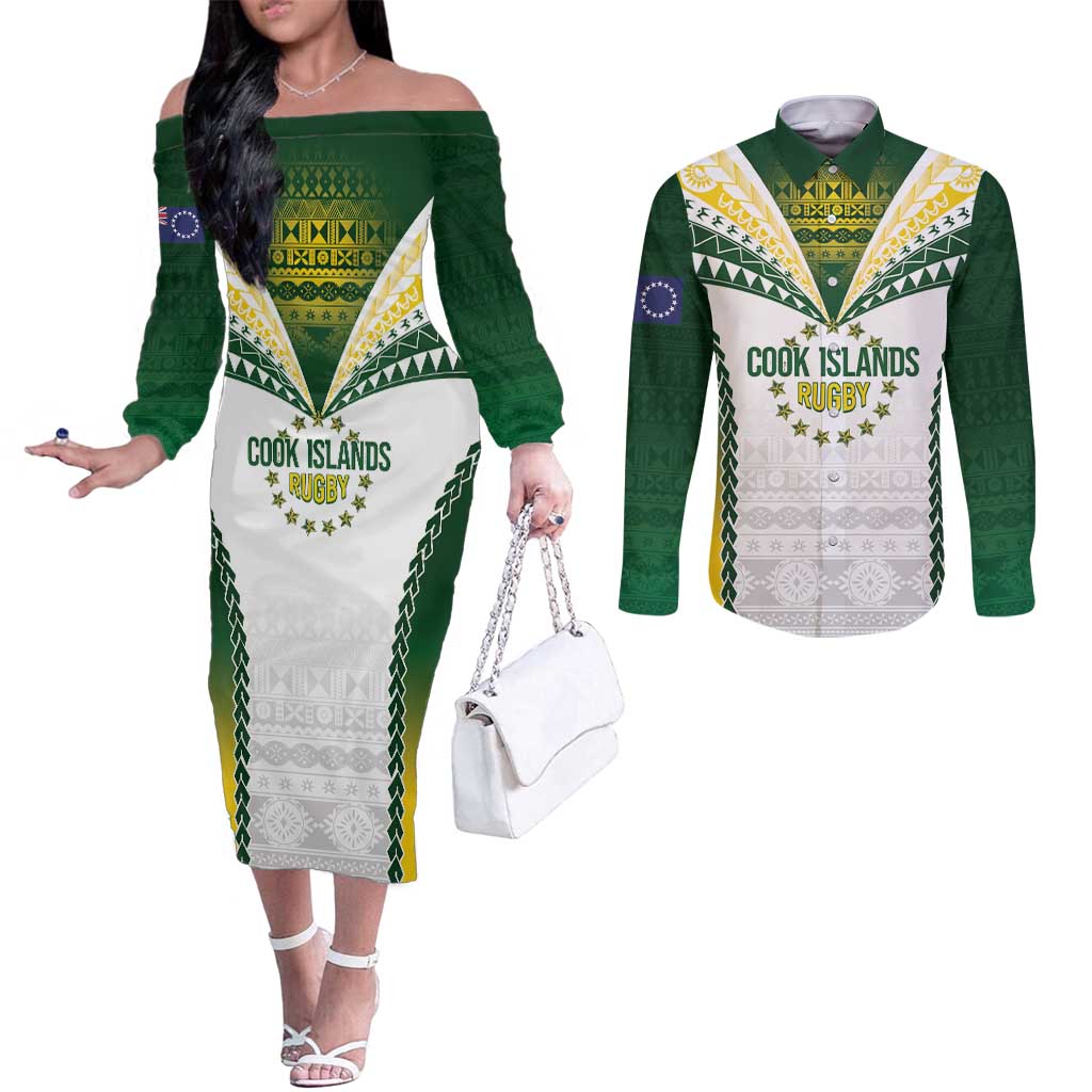 Cook Islands Rugby Custom Couples Matching Off The Shoulder Long Sleeve Dress and Long Sleeve Button Shirt Kuki's Aitu Champions LT7 Colorful - Polynesian Pride