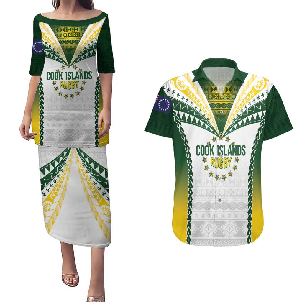 Cook Islands Rugby Custom Couples Matching Puletasi and Hawaiian Shirt Kuki's Aitu Champions - Polynesian Pride