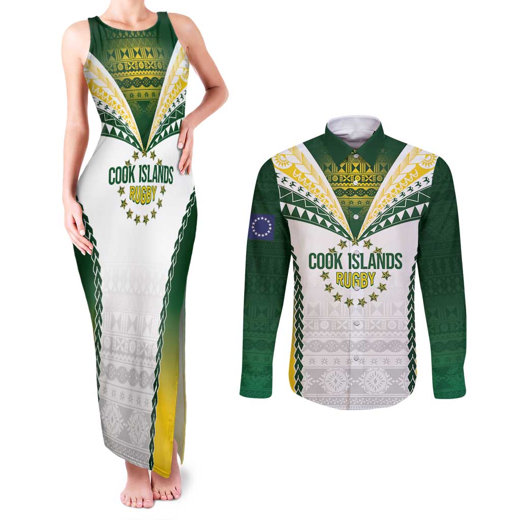 Cook Islands Rugby Custom Couples Matching Tank Maxi Dress and Long Sleeve Button Shirt Kuki's Aitu Champions LT7 Colorful - Polynesian Pride