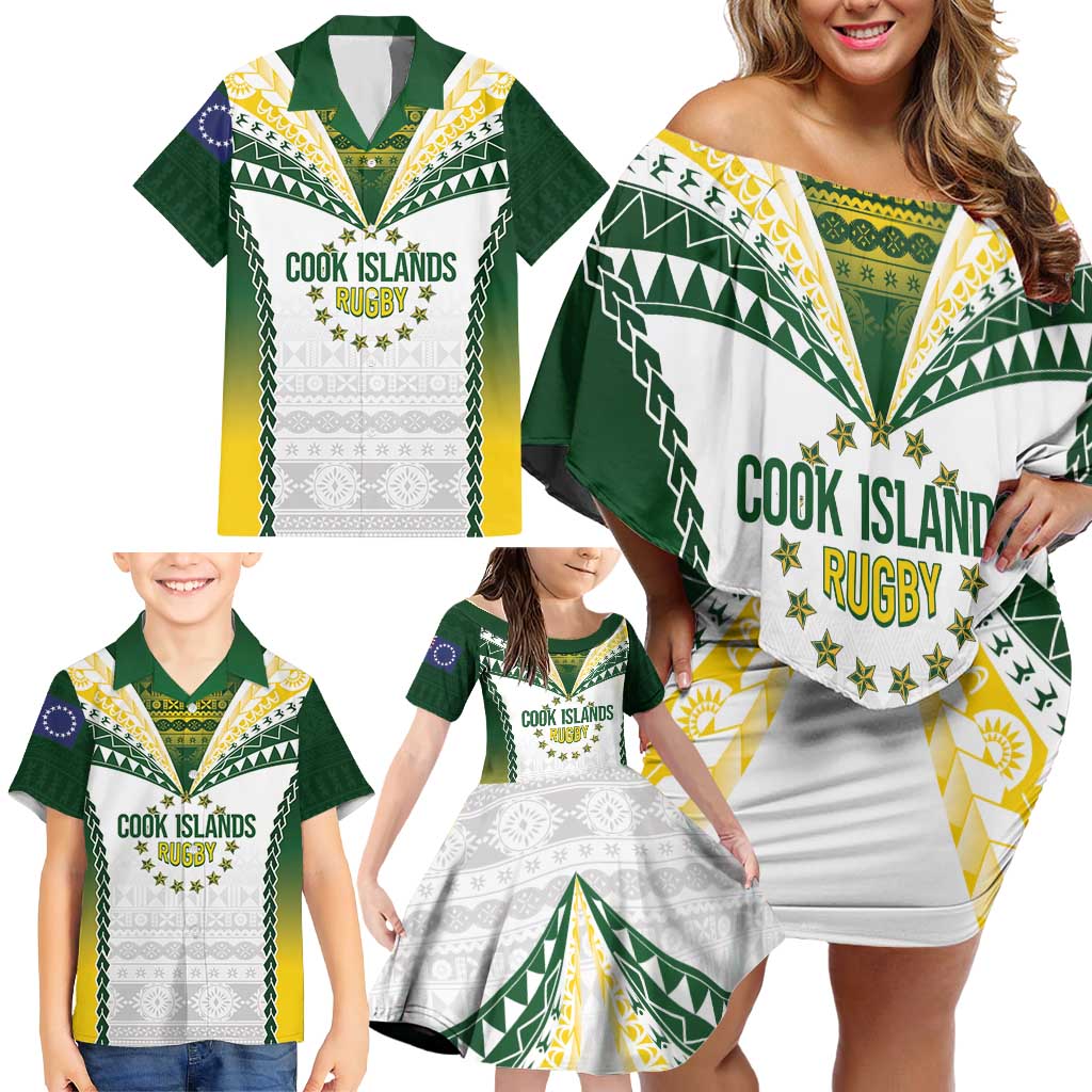 Cook Islands Rugby Custom Family Matching Off Shoulder Short Dress and Hawaiian Shirt Kuki's Aitu Champions LT7 - Polynesian Pride