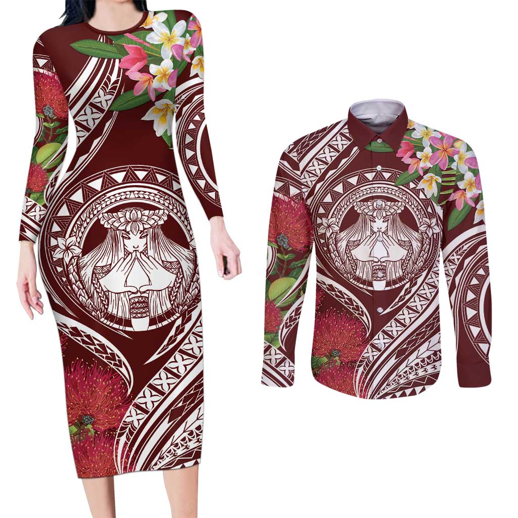 Aloha Hawaii Big Island Couples Matching Long Sleeve Bodycon Dress and Long Sleeve Button Shirt Ohia Lehua Wahine LT7 Red - Polynesian Pride