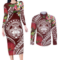 Aloha Hawaii Big Island Couples Matching Long Sleeve Bodycon Dress and Long Sleeve Button Shirt Ohia Lehua Wahine LT7 Red - Polynesian Pride