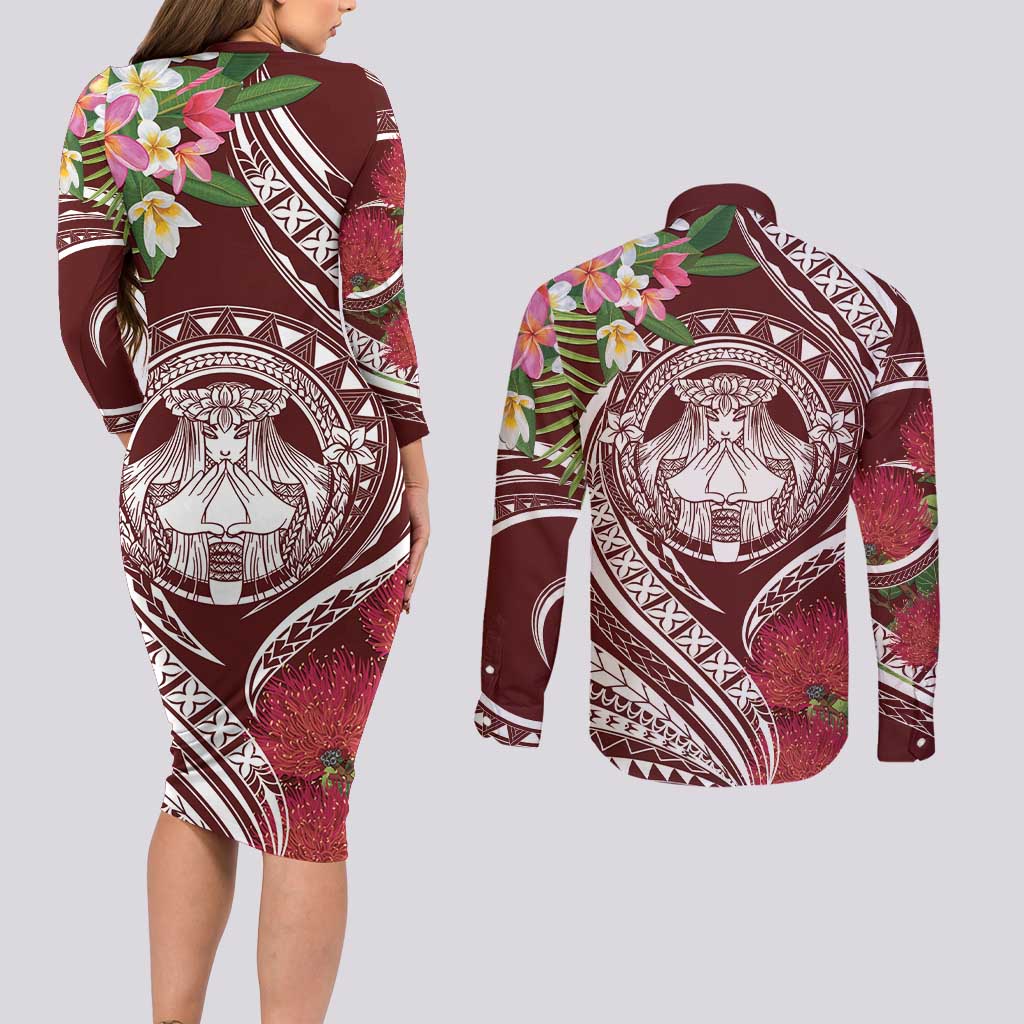 Aloha Hawaii Big Island Couples Matching Long Sleeve Bodycon Dress and Long Sleeve Button Shirt Ohia Lehua Wahine LT7 - Polynesian Pride