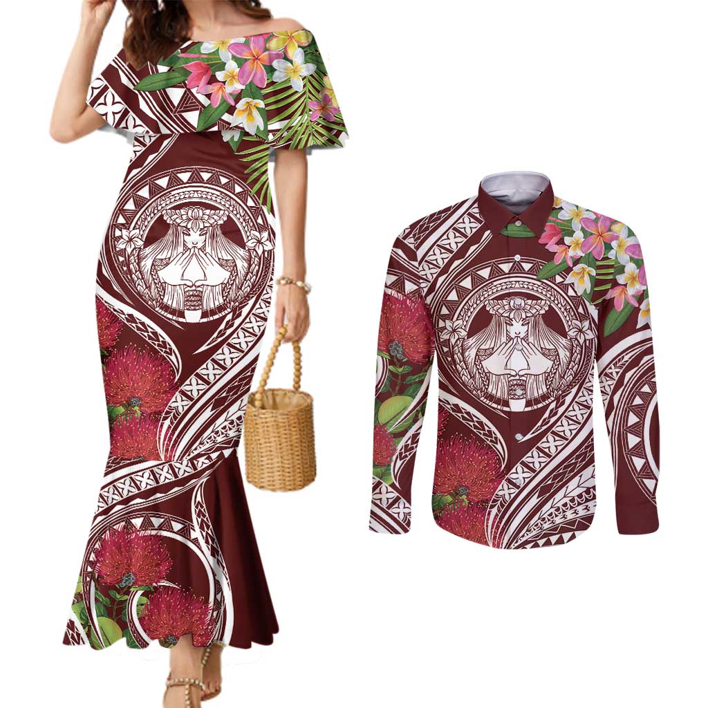Aloha Hawaii Big Island Couples Matching Mermaid Dress and Long Sleeve Button Shirt Ohia Lehua Wahine LT7 Red - Polynesian Pride