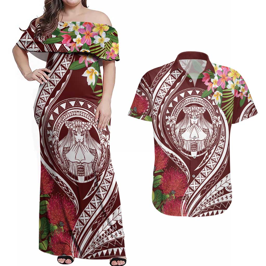 Aloha Hawaii Big Island Couples Matching Off Shoulder Maxi Dress and Hawaiian Shirt Ohia Lehua Wahine LT7 Red - Polynesian Pride