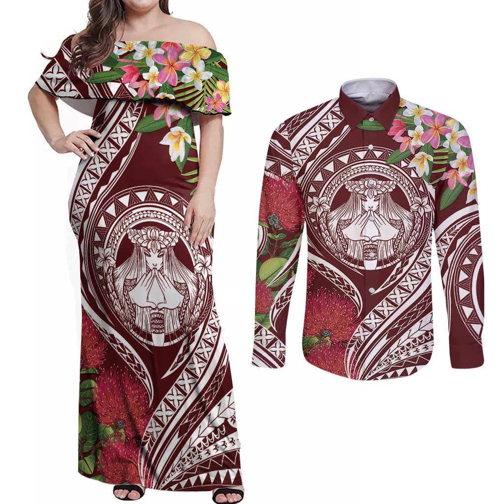 Aloha Hawaii Big Island Couples Matching Off Shoulder Maxi Dress and Long Sleeve Button Shirt Ohia Lehua Wahine LT7 Red - Polynesian Pride