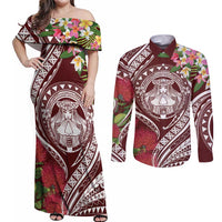 Aloha Hawaii Big Island Couples Matching Off Shoulder Maxi Dress and Long Sleeve Button Shirt Ohia Lehua Wahine LT7 Red - Polynesian Pride