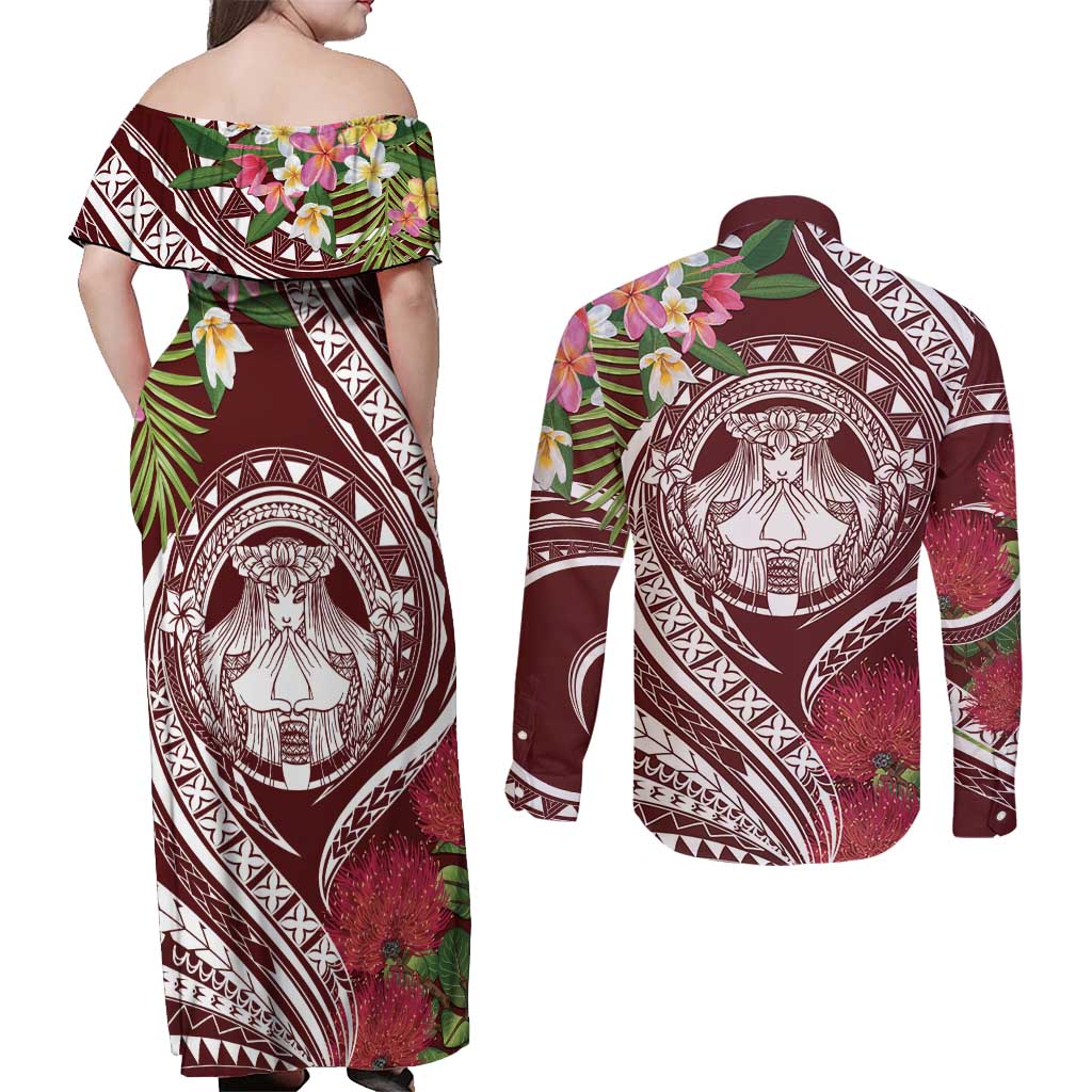 Aloha Hawaii Big Island Couples Matching Off Shoulder Maxi Dress and Long Sleeve Button Shirt Ohia Lehua Wahine LT7 - Polynesian Pride