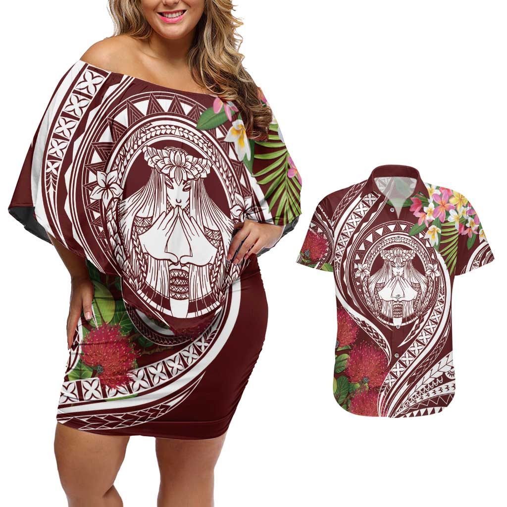 Aloha Hawaii Big Island Couples Matching Off Shoulder Short Dress and Hawaiian Shirt Ohia Lehua Wahine LT7 Red - Polynesian Pride
