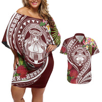 Aloha Hawaii Big Island Couples Matching Off Shoulder Short Dress and Hawaiian Shirt Ohia Lehua Wahine LT7 Red - Polynesian Pride