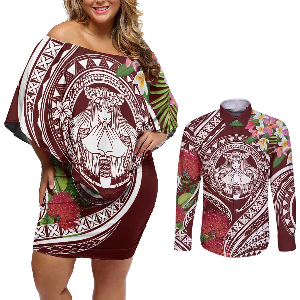 Aloha Hawaii Big Island Couples Matching Off Shoulder Short Dress and Long Sleeve Button Shirt Ohia Lehua Wahine LT7 Red - Polynesian Pride