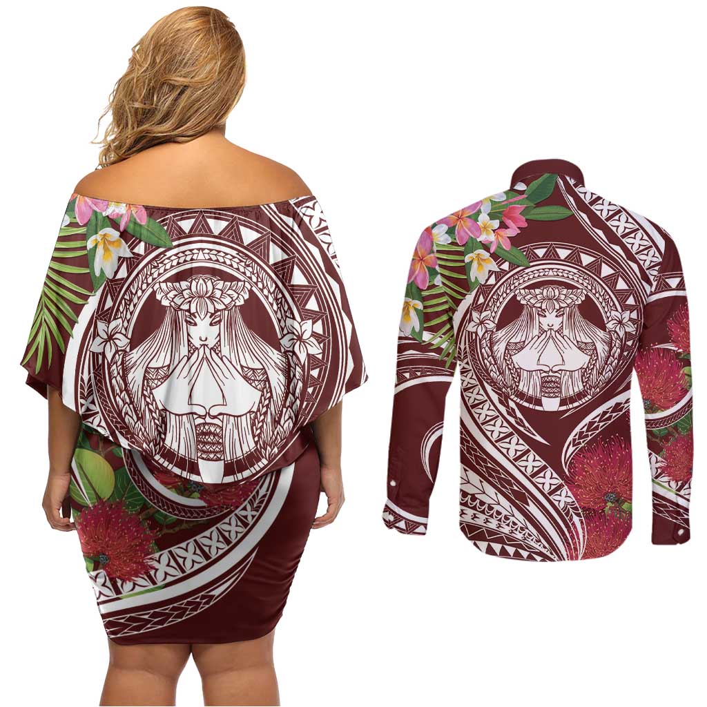 Aloha Hawaii Big Island Couples Matching Off Shoulder Short Dress and Long Sleeve Button Shirt Ohia Lehua Wahine LT7 - Polynesian Pride