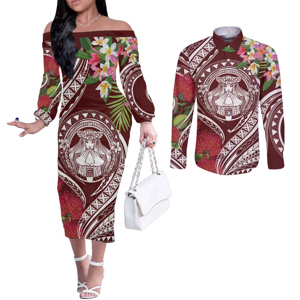 Aloha Hawaii Big Island Couples Matching Off The Shoulder Long Sleeve Dress and Long Sleeve Button Shirt Ohia Lehua Wahine LT7 Red - Polynesian Pride
