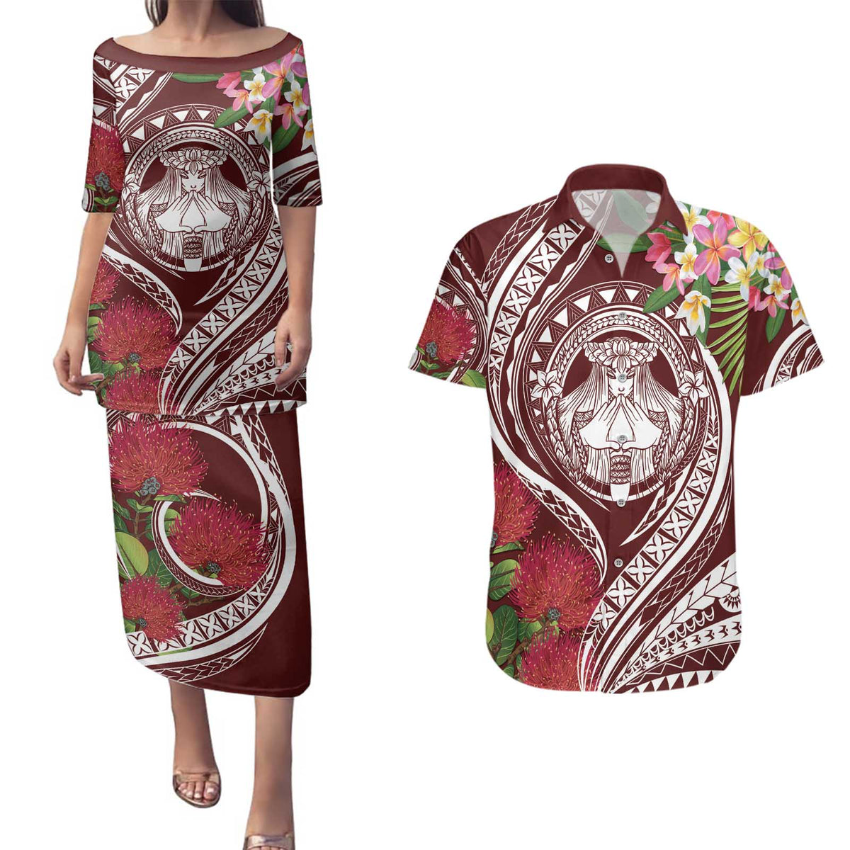 Aloha Hawaii Big Island Couples Matching Puletasi and Hawaiian Shirt Ohia Lehua Wahine LT7 Red - Polynesian Pride