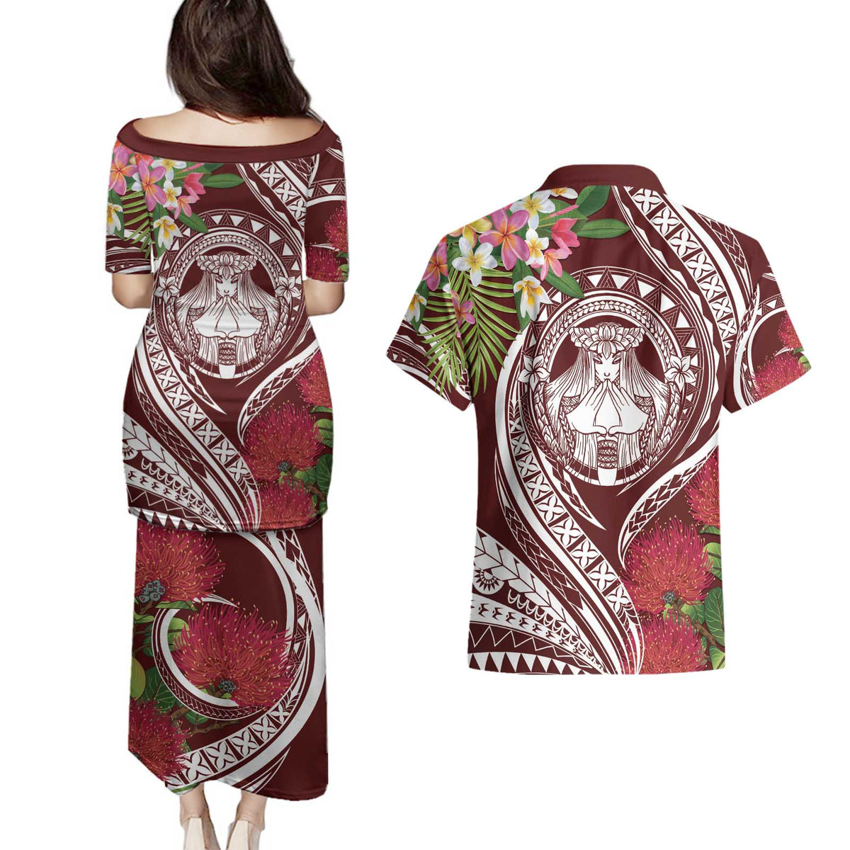 Aloha Hawaii Big Island Couples Matching Puletasi and Hawaiian Shirt Ohia Lehua Wahine LT7 - Polynesian Pride