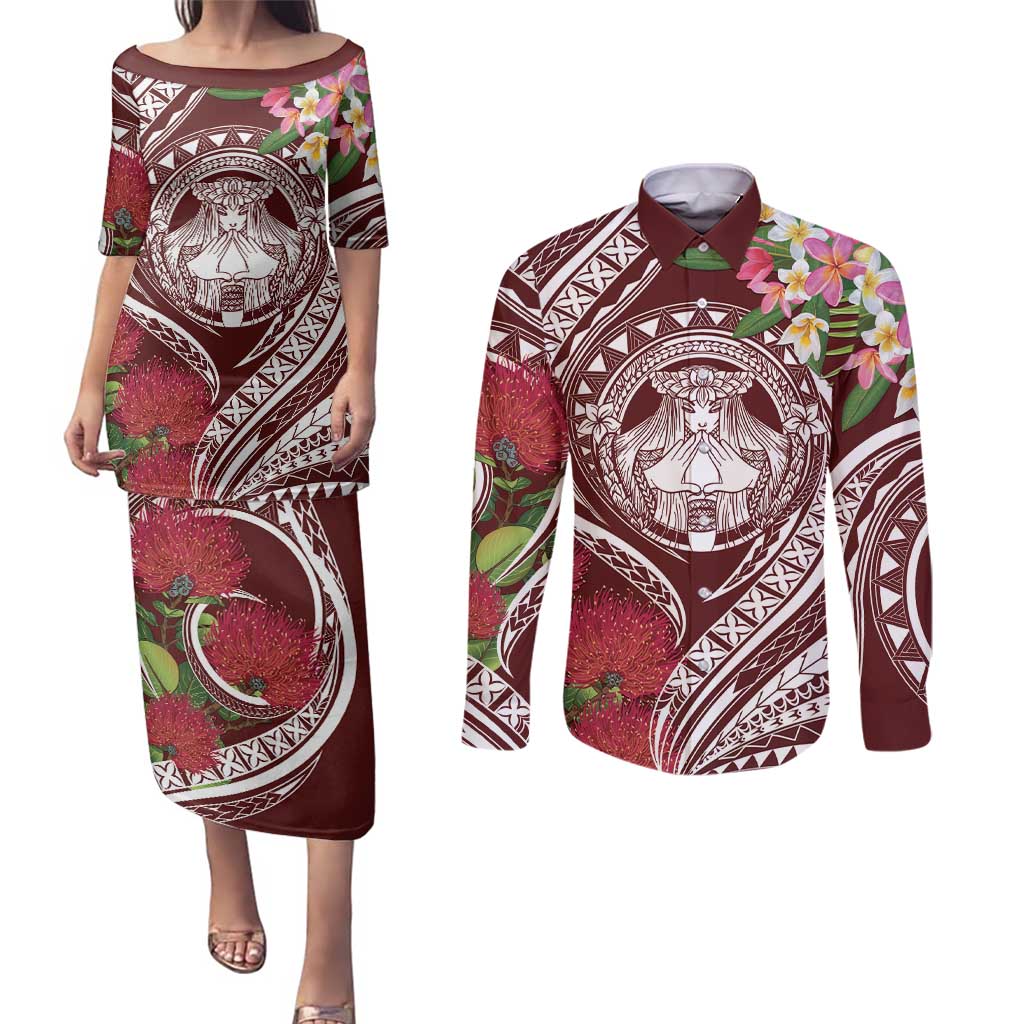Aloha Hawaii Big Island Couples Matching Puletasi and Long Sleeve Button Shirt Ohia Lehua Wahine LT7 Red - Polynesian Pride