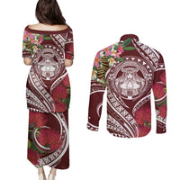 Aloha Hawaii Big Island Couples Matching Puletasi and Long Sleeve Button Shirt Ohia Lehua Wahine LT7 - Polynesian Pride