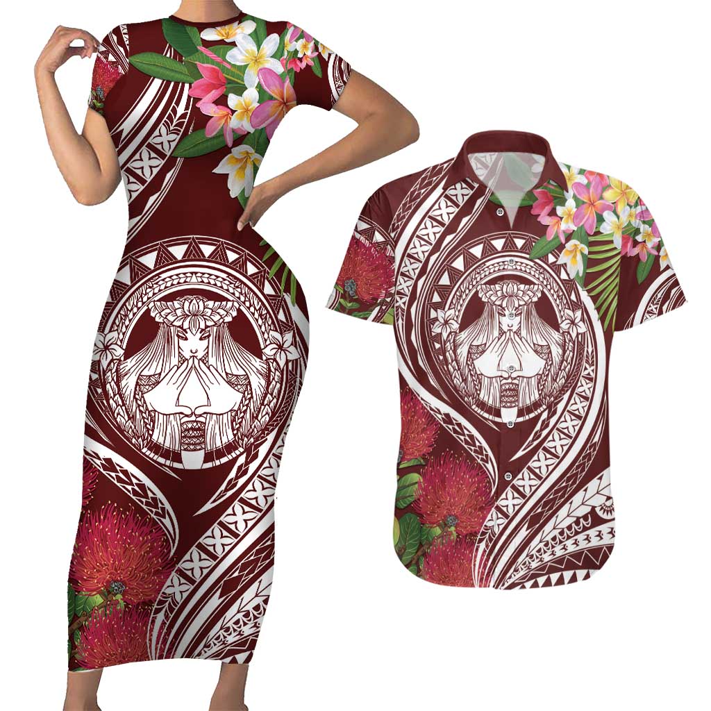 Aloha Hawaii Big Island Couples Matching Short Sleeve Bodycon Dress and Hawaiian Shirt Ohia Lehua Wahine LT7 Red - Polynesian Pride
