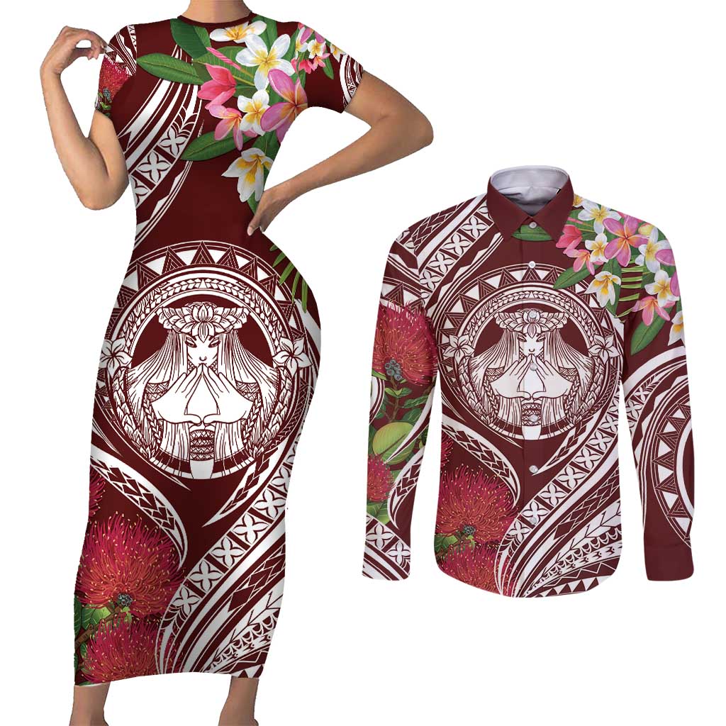 Aloha Hawaii Big Island Couples Matching Short Sleeve Bodycon Dress and Long Sleeve Button Shirt Ohia Lehua Wahine LT7 Red - Polynesian Pride