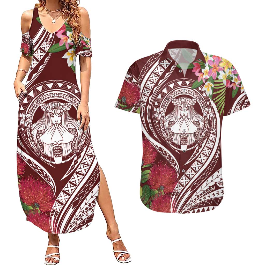 Aloha Hawaii Big Island Couples Matching Summer Maxi Dress and Hawaiian Shirt Ohia Lehua Wahine LT7 Red - Polynesian Pride