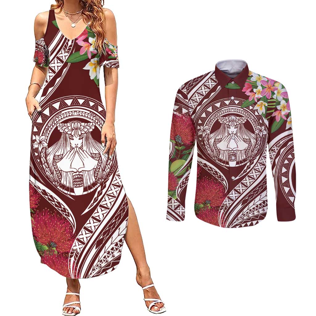Aloha Hawaii Big Island Couples Matching Summer Maxi Dress and Long Sleeve Button Shirt Ohia Lehua Wahine LT7 Red - Polynesian Pride